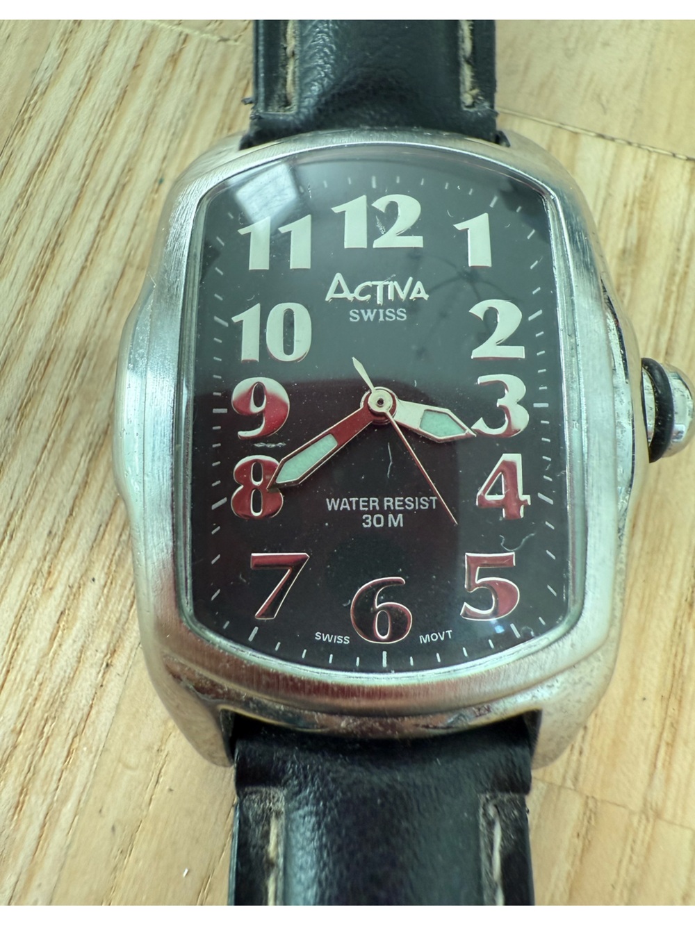 Activa Swiss ladies rectangular silver tone black leather watch NEW BATTERY